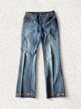 Women's Blue Flared Jeans with Embroidered Hem